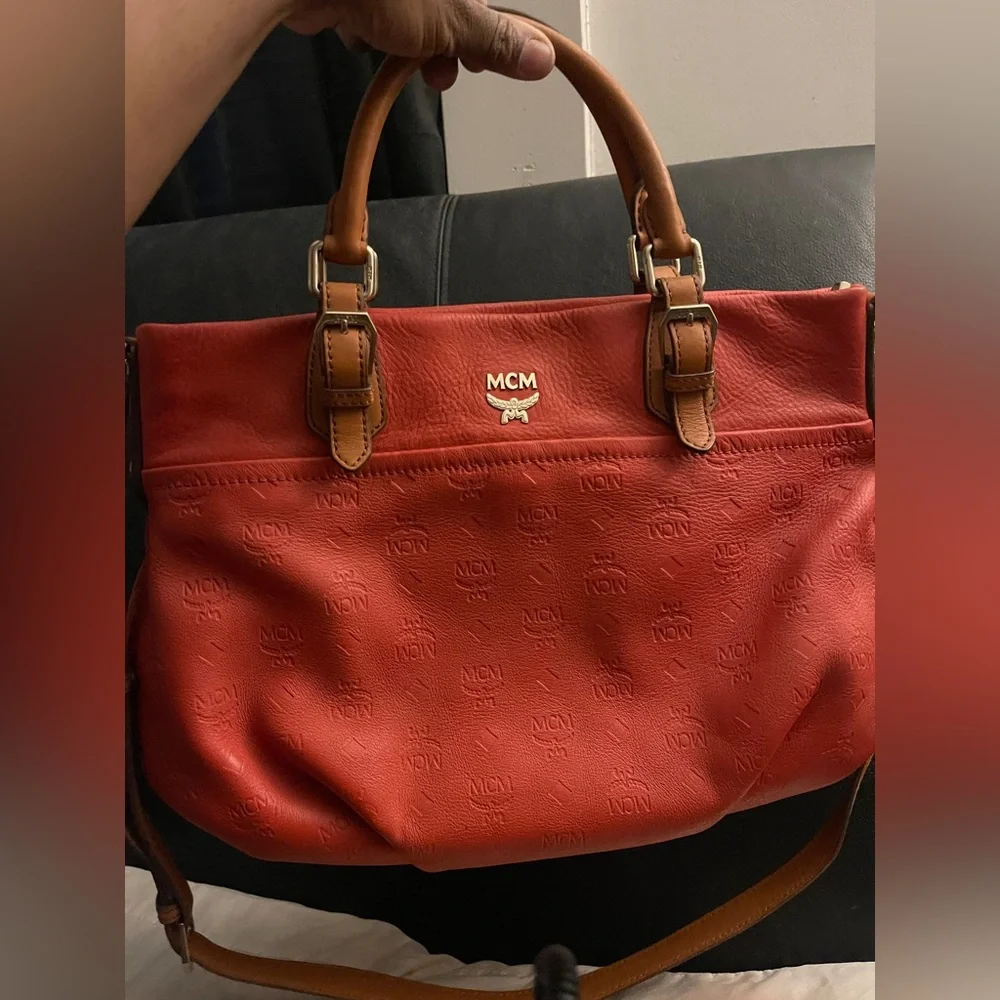 MCM Orange Embossed Leather Medium Two-way Bag W/ Detachable Strap EUC